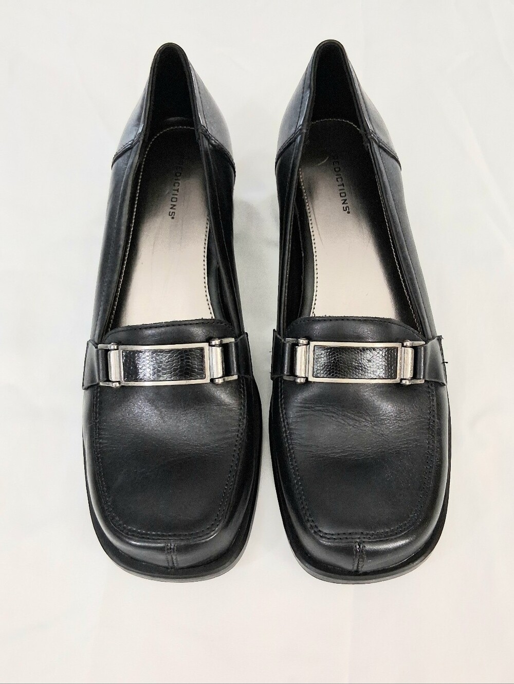 Predictions Black Leather Square Toe Loafers Slip On Block Heel Shoes Womens 9.5